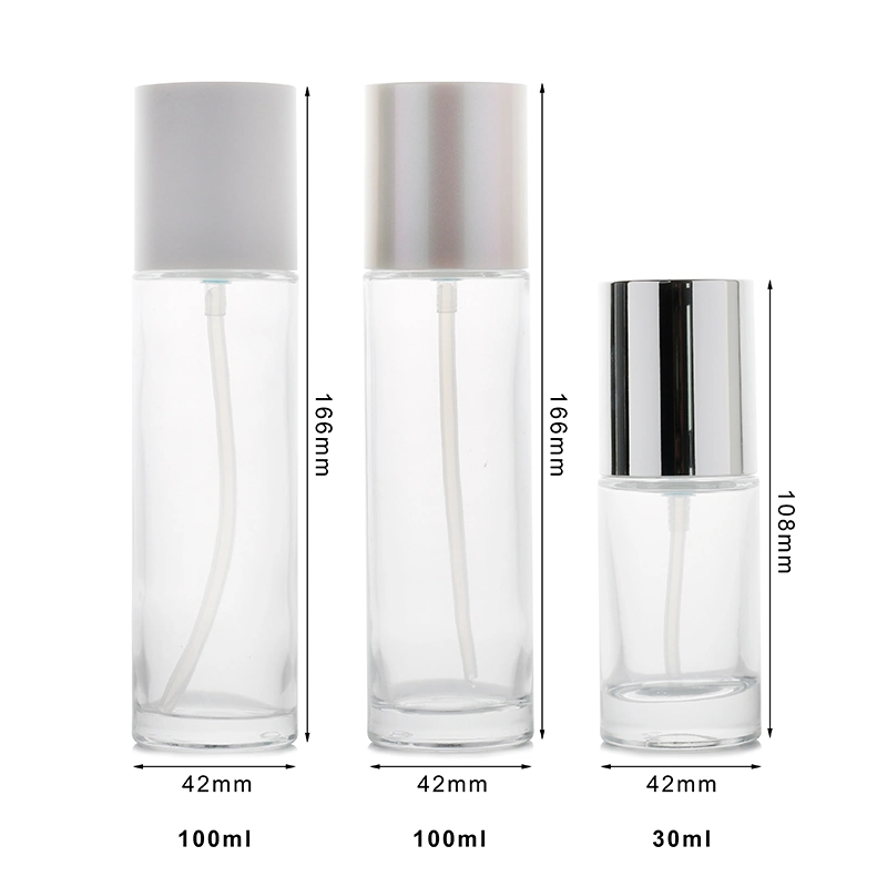 Low MOQ Luxury 100ml Set Glass Pump Bottle 30 Ml Clear Frosted Lotion Spray Pump Bottles with Plastic Cap